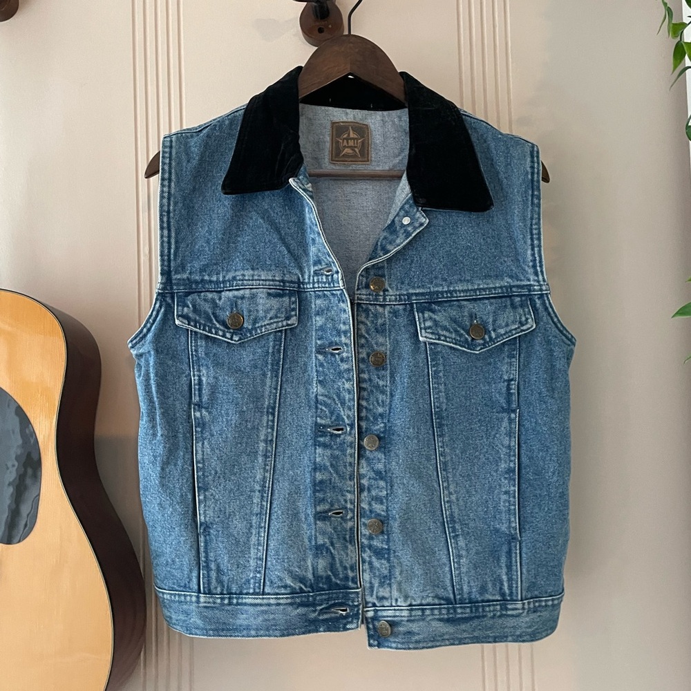 Denim Vest with Pockets and lined collar